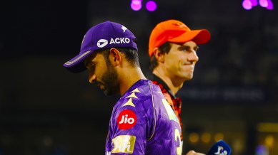 Ajinkya Rahane (c) of Kolkata Knight Riders and Pat Cummins of Sunrisers Hyderabad during the toss in the KKR vs SRH IPL 2025 match. (Photo: Sportzpics for IPL)