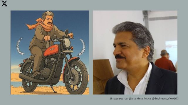 The Ghibli image shows Mahindra riding a bike with the stand down