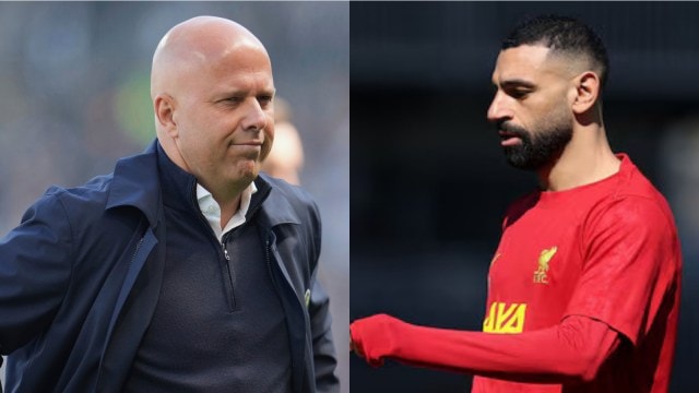 LR: مدير ليفربول آرني سلوت وموي صلاح. (AP/رويترز)