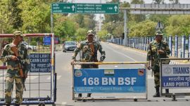 Pahalgam Terror Attack: Indian Border Security Force soldiers stand guard at the barricade on the road leading to the Attari-Wagah border on India's side, near Amritsar