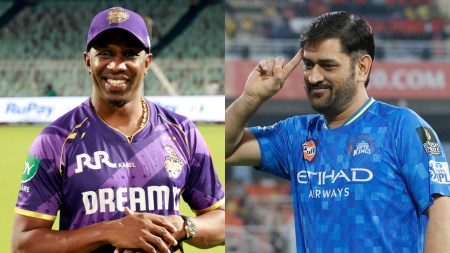 KKR bowling coach Dwayne Bravo and CSK captain MS Dhoni. (Sportzpics for IPL)