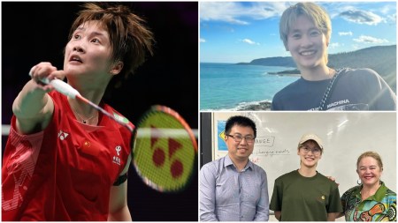 Chen Yufei in action at the Badminton Asia Championsips (L) and during her visit to Australia last year to learn English. (Credit: Badminton Asia / Yufei’s Instagram)