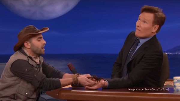Peterson introduced the Goliath bird-eater tarantula to Conan O’Brien by placing it right on his wrist
