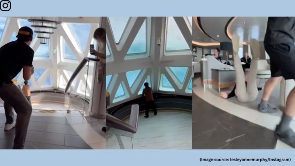 The viral footage shows passengers dwarfed by massive waves crashing against the ship