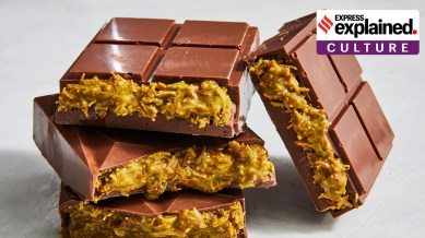 Commonly known as Dubai chocolate, the 'Can't Get Knafeh of It' bar, created by the chocolatier Sarah Hamouda. Styled by Yossy Arefi.