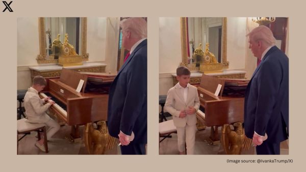 In the video, young Theo plays with focus while his grandfather, Donald Trump, stands right beside the piano