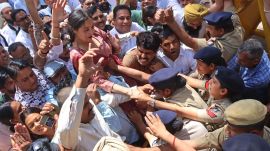 Deputy Mayor Taruna Mehta with other Congress leaders during a protest against the property tax hike, in Sector 17, Chandigarh, on Friday. Kamleshwar Singh