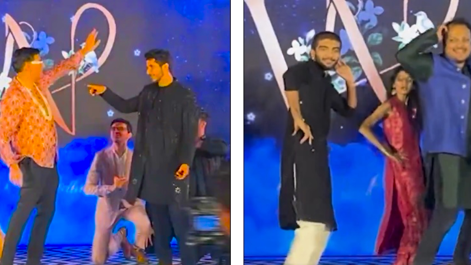 (LEFT) Vishy Anand joins Vidit Gujrathi on stage to dance on 'Main Hoon Don'. (RIGHT) Gukesh shows off his dance moves. (Screenshots via ChessBase India X)