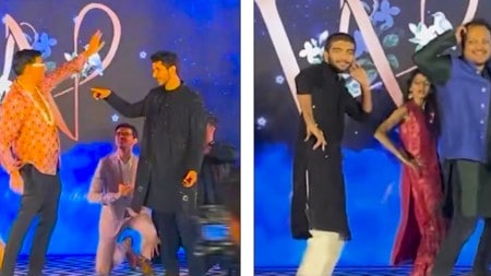 (LEFT) Vishy Anand joins Vidit Gujrathi on stage to dance on 'Main Hoon Don'. (RIGHT) Gukesh shows off his dance moves. (Screenshots via ChessBase India X)