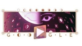 The April doodle features a purple half moon and a lunar-themed card game that teaches users about moon phases. (Image: Google)