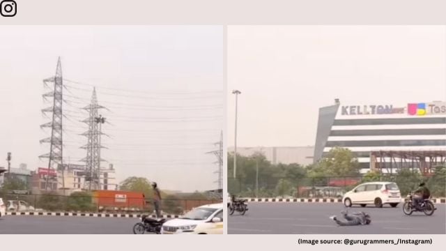 Just seconds after the car overtook him, the man lost his balance and crashed hard onto the road (Image source: @gurugrammers_/Instagram)