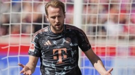 Bayern's Harry Kane reacts during the German Bundesliga soccer match between Heidenheim and Bayern Munich in Heidenheim, Germany, Saturday, April 19, 2025. (AP Photo)