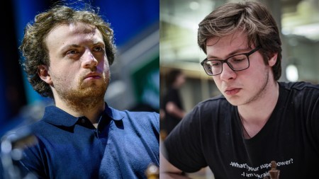 L-R: USA GM Hans Niemann and (Credit: Michal Walusza/FIDE) and Ukrainian-Romanian Kirill Shevchenko (Credit: Mark Livshitz/FIDE)