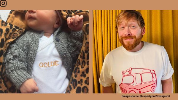In the photo, the baby is seen wearing a white onesie with her name embroidered on it, paired with a knit gray cardigan (Image source: @rupertgrint/Instagram)