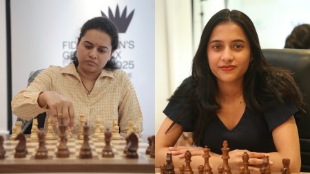 India's Koneru Humpy and Divya Deshmukh in action during the FIDE Women's Grand Prix Pune leg. (FIDE)