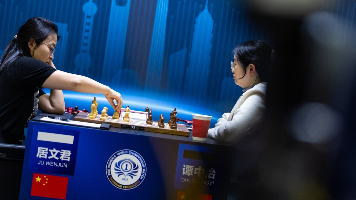 World champion Ju Wenjun takes on Tan Zhongyi in the FIDE Women's World Chess Championship 2025. (PHOTO: FIDE via Anna Shtourman)