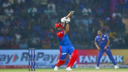 Karun Nair of Delhi Capitals plays a shot in the IPL 2025 match against Mumbai Indians. (Sportzpics for IPL)