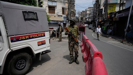Indian soldiers patrol during a Jammu shutdown against the Pahalgam terror attack on Wednesday