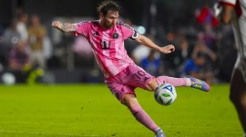 Inter Miami forward Lionel Messi scores his side's first goal during stoppage time in the first half of an MLS soccer match against Toronto FC, Sunday, April 6, 2025, in Fort Lauderdale, Fla. (AP Photo)
