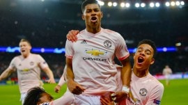 Marcus Rashford and other Manchester United players celebrate a goal against PSG at the Parc des Princes stadium in Paris. (AP Photo)