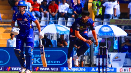 LSG's Mayank Yadav bowls against the Mumbai Indians at the Wankhede Stadium. (Express Photo by Amit Chakravarty)