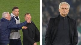 Jose Mourinho appeared to pinch the nose of Galatasaray coach Okan Buruk after his Fenerbahce team was knocked out of the Turkish Cup in a fiery match on Wednesday. (PHOTOS: Screenshot from X, AP Photo)