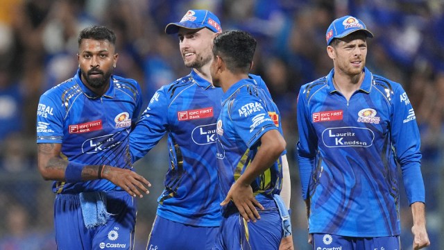 MI vs RCB at Mumbai's Wankhede Stadium: Hardik Pandya and other Mumbai Indians players celebrate a Kolkata Knight Riders wicket at the Wankhede Stadium last week. (Photo: Sportzpics for IPL)