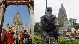 A security personnel keeps vigil eyes from a top angle in campus of Mahabodhi Temple after terror attack and nine serial blasts at Bodhgaya (right). (Express Archive/Prashant Ravi)