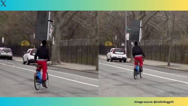 The now-viral clip shows local stuntman Leh-Boy Gabriel Davis skillfully riding a Citi Bike along the streets (Image source: @CollinRugg/X)