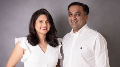Mivi co-founders Midhula Devabhaktuni and Viswanadh Kandula unveil their AI-powered earbuds, designed for personalised, emotionally intelligent conversations. (Express Image/Mivi)