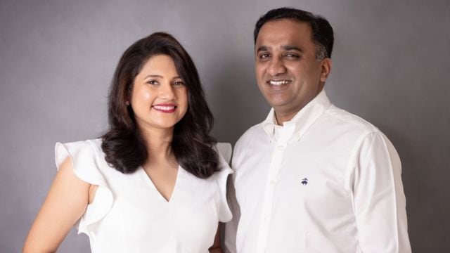 Mivi co-founders Midhula Devabhaktuni and Viswanadh Kandula unveil their AI-powered earbuds, designed for personalised, emotionally intelligent conversations. (Express Image/Mivi)