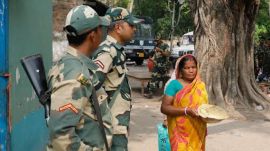 Central force patrolling at Bedbona area under Dhulian Municipality, Murshidabad district, West Bengal, from where atleast 400 villegers fled from communal violence. (Express Photo/Partha Paul)