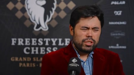 Hikaru Nakamura reacts while talking about the draw with Arjun Erigaisi in the quarter-finals. (Screengrab via Freestyle Chess YouTube)
