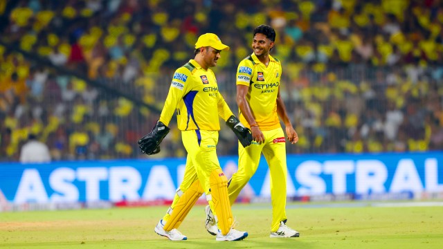 MS Dhoni and Matheesha Pathirana of Chennai Super Kings during an IPL 2025 match at the MA Chidambaram Stadium, Chennai