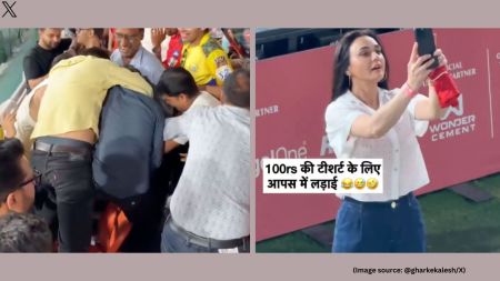 The lively moment quickly ignited a chaotic situation as several fans began scrambling for the jersey (Image source: @gharkekalesh)