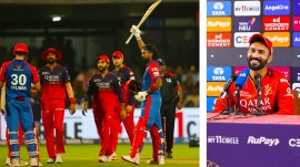 (LEFT) KL Rahul of Delhi Capitals celebrates their win over Royal Challengers Bengaluru at the M Chinnaswamy Stadium; (RIGHT) RCB mentor Dinesh Karthik. (Photo: Sportzpics for IPL)
