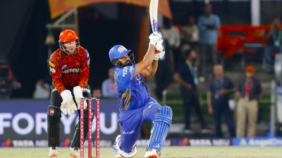 Rohit Sharma of Mumbai Indians plays a shot during match 41 of the Indian Premier League season 18 (IPL 2025) between Sunrisers Hyderabad and Mumbai Indians held at the Rajiv Gandhi International Stadium, Hyderabad on the 23rd April 2025 Photo by Vipin Pawar / Sportzpics for IPL