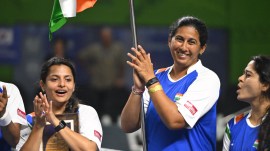 India's Radhika Kanitkar Tulpule (C) in action. (MSLTA)