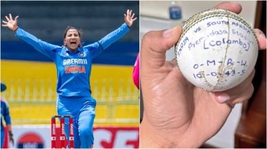 (LEFT) Sneh Rana in action; (RIGHT) Rana holding the match ball with her bowling figures inscribed on it. (Credit: BCCIWomen via X and @SnehRana15)