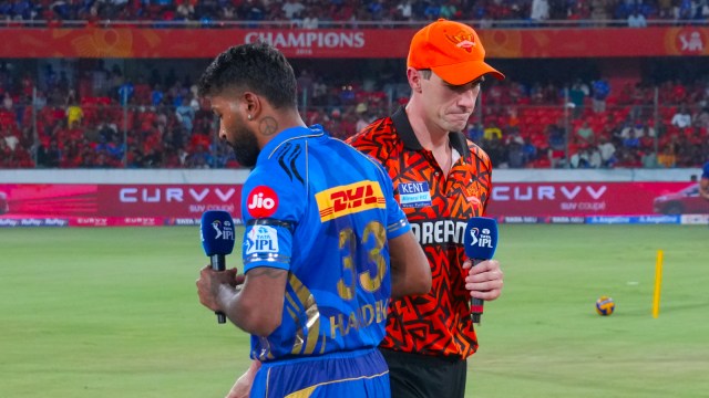 Pat Cummins of Sunrisers Hyderabad and Hardik Pandya of Mumbai Indians at the toss in the IPL 2025 game at the Rajiv Gandhi International Stadium, Hyderabad. (PHOTO: Sportzpics for IPL)
