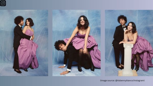 The clip shows Blanco and Gomez snapping goofy prom-style pictures at a mall