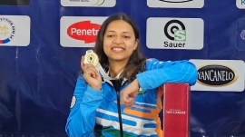 Indian shooter Sift Kaur Samra with ISSF World Cup gold medal. (Special Arrangement)