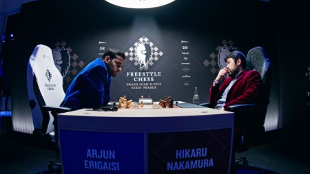 India's Arjun Erigaisi and USA's Hikaru Nakamura in action during Freestyle Grand Slam Tour Paris Leg quarter-final. (Stev Bonhage/Freestyle Chess)