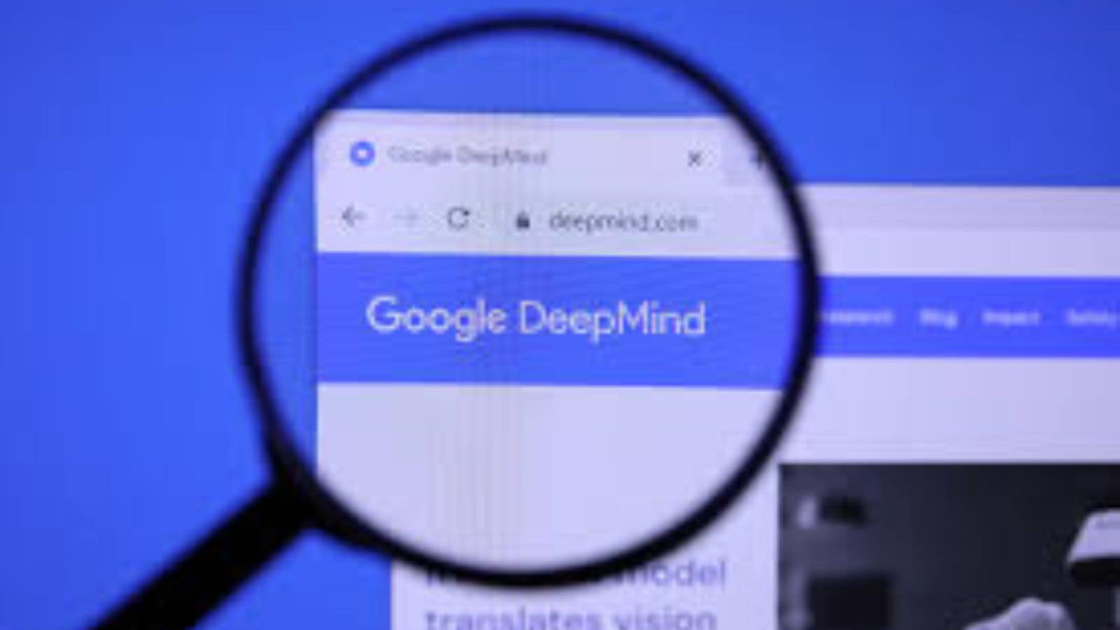 Homepage of Google Deepmind Website magnified on logo with magnifying glass.