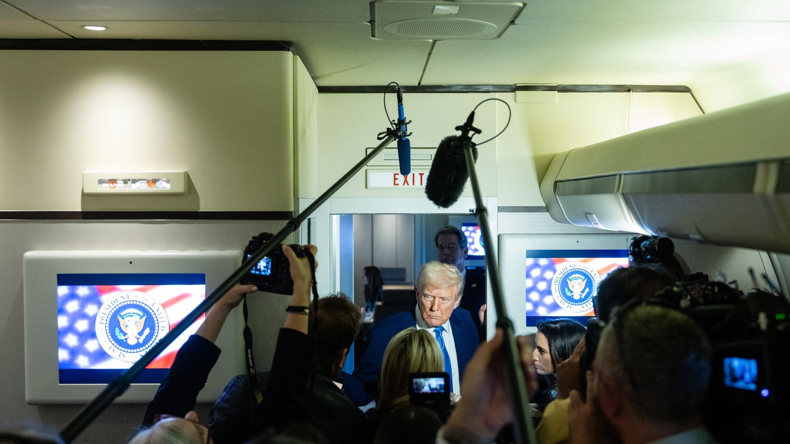  President Donald Trump speaks to reporters on board Air Force Once en route to Joint Base Andrews in Maryland on Sunday, April 6, 2025. The future of the popular video app TikTok is now at the center of a geopolitical tussle between Washington and Beijing.