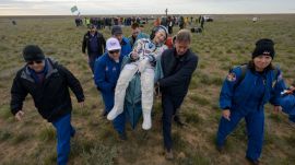 NASA astronaut Don Pettit is carried to a medical tent shortly after he and Roscosmos cosmonauts Alexey Ovchinin and Ivan Vagner landed in their Soyuz MS-26 spacecraft near the town of Zhezkazgan, Kazakhstan on April 19, 2025 (April 20, 2025, Kazakhstan time).
