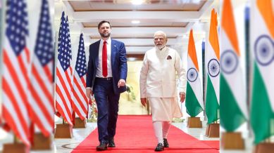 Prime Minister Narendra Modi welcomes US Vice President JD Vance to his official residence 7, Lok Kalyan Marg, in New Delhi
