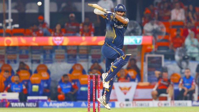 Washington Sundar of Gujarat Titans plays a shot in the IPL 2025 match against Sunrisers Hyderabad. (Photo: Sportzpics for IPL)