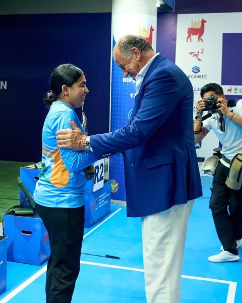 Suruchi Phogat after winning gold at the women's10m air pistol final in Lima. (ISSF)