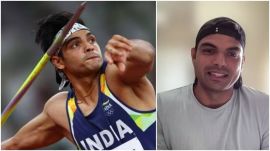 Neeraj Chopra in action (L) and addressing the media on Monday (R). (FILE/ JSW Sports)